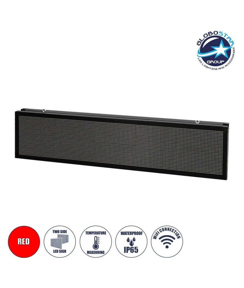 GLOBOSTAR® DISPLAY 90331 Κυλιόμενη Ψηφιακή Επιγραφή P10 Διπλής Όψης LED AC 220-240V Αδιάβροχο IP65 Κόκκινο - WiFi Control μέσω FK APP - Αισθητήρας Θερμοκρασίας & Υγρασίας - Μ168 x Π12 x Υ40cm - 2 Χρόνια Εγγύηση